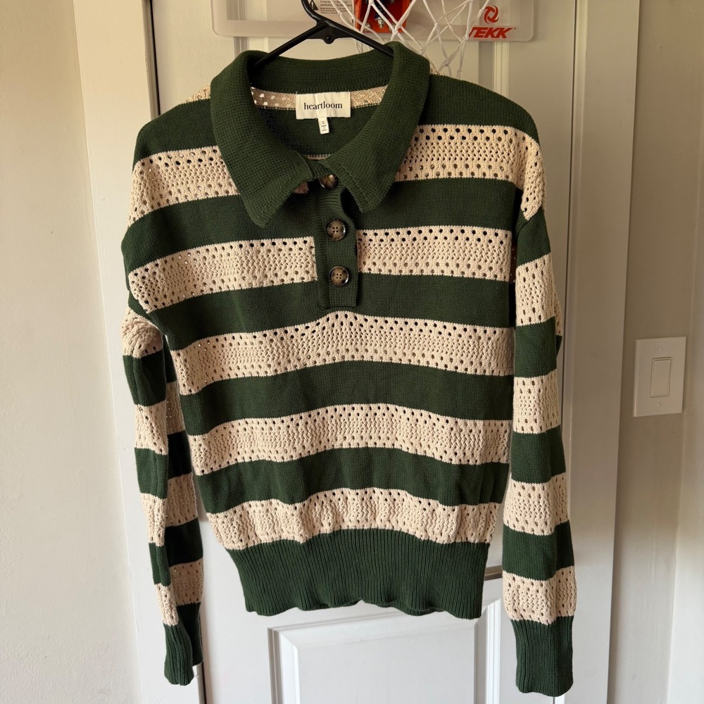 Heartloom Kendi Sweater Polo Green Cream Striped Polo Cotton Women's Size S